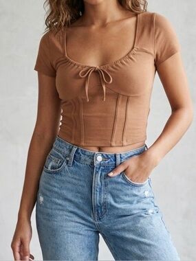 Hollister Brown Bustier Style Tie Front Short Sleeve Top Women’s XS